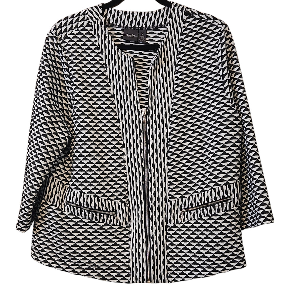 Travelers by Chico's Blazer Jacket, black white elbow length sleeves sz 2 Chicos